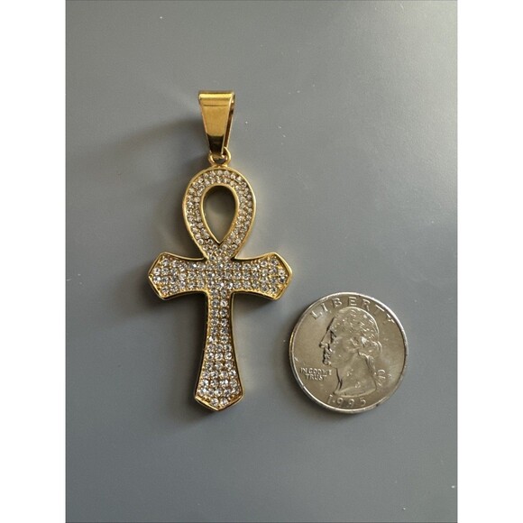 Gold Plated Cubic Zirconia Stainless Steel Egyptian Ankh Cross Pendant Necklace - Picture 3 of 6